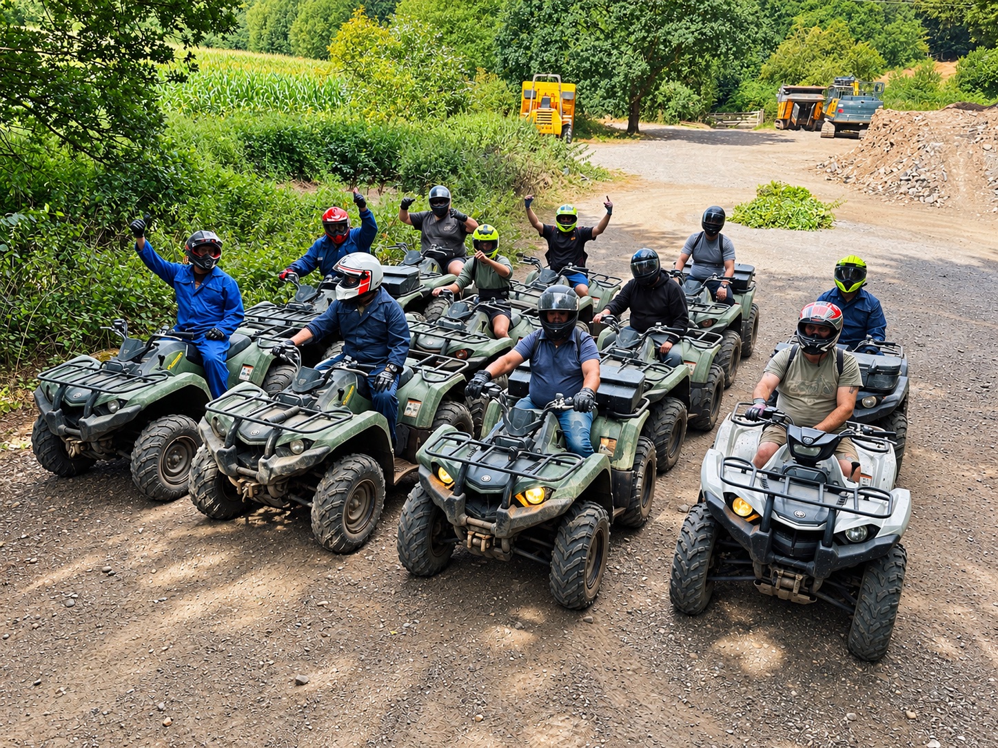 A group of helmeted riders on their quad bikes at Exeter Quad Centre