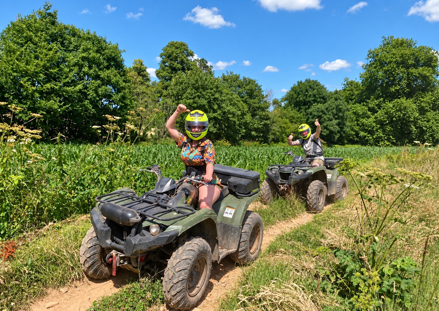 Two riders enjoying a sunny quad trail at Exeter Quad Centre